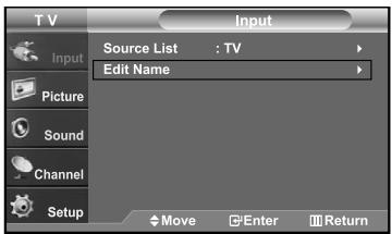 TV Input Source List : TV Edit Name Picture Sound Channel Setup Move Enter Return