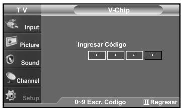 T V V-Chip Input Picture Sound Channel Setup Ingresar Código * * * * 0~9 Escr. Código Regresar
