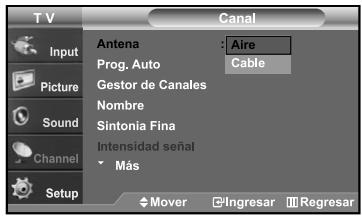 TV Canal Input Antena : Aire Prog. Auto Cable Picture Gestor de Canales Nombre Sintonia Fina Intensidad señal Más Setup Mover Ingresar Regresar