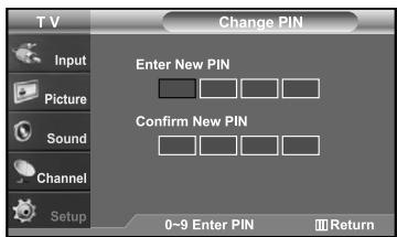 T V Change PIN Input Picture Sound Channel Setup Enter New PIN Confirm New PIN 0-9 Enter PIN Return