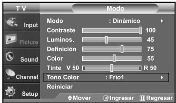 T V Input Picture Sound Channel Setup Modo : Dinámico Contraste 100 Luminos. 45 Definición 75 Color 55 Tinte V 50 R 50 Tono Color : Frio1 Reiniciar Mover Ingresar Regresar