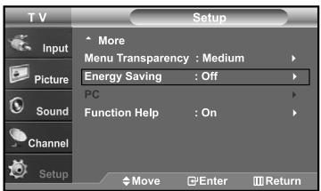 T V Setup Input More Menu Transparency : Medium Energy Saving : Off PC Function Help : On Sound Channel Setup Move Enter Return