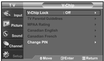 TV V-Chip Input Picture Sound Channel Setup V-Chip Lock : Off TV Parental Guidelines MPAA Rating Canadian English Canadian French Change PIN Move Enter Return