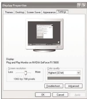 Display Properties Themes Desktop Screen Save Appearance Settings Display: Plug and Play Monitor on NVIDIA GeForce FiV 5600 Screen resolution More Less 1360 by 768 pixels Color quality Highest [32 bit] Troubleshoot Advanced OK Cancel Apply