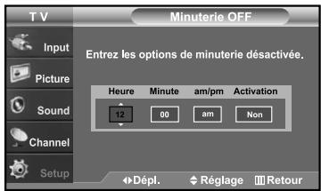 T V Input Picture Sound Channel Setup Minuterie OFF Entrez les options de minuterie désactivée. Heure Minute am/pm Activation 12 00 am Non Dépl. Réglage Retour
