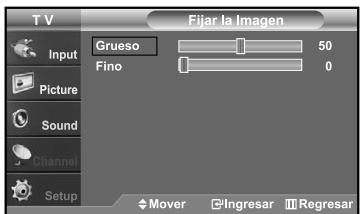 TV Fijar la Imagen Input Grueso 50 Fino 0 Picture Sound Channel Setup Mover Ingresar Regresar