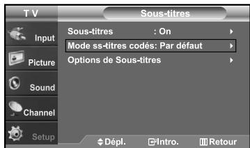 T V Input Picture Sound Channel Setup Sous-titres : On Mode ss-titres codés: Par défaut Options de Sous-titres Dépl. Intro. Retour