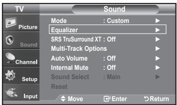 TV Sound Mode : Custom ▶ Equalizer ▶ SRS TruSurround XT : Off ▶ Multi-Track Options ▶ Auto Volume : Off ▶ Internal Mute : Off ▶ Sound Select : Main ▶ Reset Move Enter Return