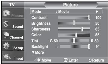 TV Picture Mode : Movie Contrast 100 Brightness 50 Sharpness 85 Color 55 Tint G 50 R 50 Backlight 10 More Move Enter Return Sound Channel Setup Input