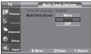 TV Multi-Track Options Preferred Language : English Multi-Track Sound : Mono Stereo SAP Picture Sound Channel Setup Input Move Enter Return