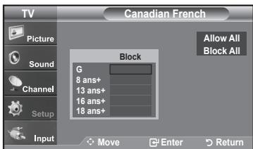 TV Canadian French Picture Sound Channel Setup Input Block G 8 ans+ 13 ans+ 16 ans+ 18 ans+ Allow All Block All Move Enter Return