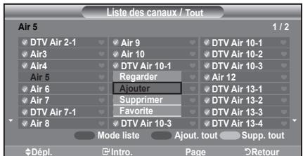 Liste des canaux / Tout Air 5 1 / 2 ✓ DTV Air 2-1 ✓ Air 9 ✓ DTV Air 10-1 ✓ Air3 ✓ Air 10 ✓ DTV Air 10-2 ✓ Air4 ✓ DTV Air 10-1 ✓ DTV Air 10-3 ✓ Air 5 ✓ Regarder ✓ Air 12 ✓ Air 6 ✓ Ajouter ✓ DTV Air 13-1 ✓ Air 7 ✓ Supprimer ✓ DTV Air 13-2 ✓ DTV Air 13-3 ✓ DTV Air 13-4 ✓ DTV Air 7-1 ✓ Favorite ✓ DTV Air 13-3 ✓ DTV Air 13-4 ✓ Air 8 ✓ DTV Air 10-3 Mode liste Ajust. tout Supp. tout Dépl. Intro. Page Retour