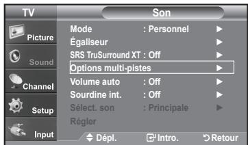 TV Picture Sound Channel Setup Input Mode : Personnel ▶ Égaliseur ▶ SRS TruSurround XT : Off ▶ Options multi-pistes ▶ Volume auto : Off ▶ Sourdine int. : Off ▶ Sélect. son : Principale ▶ Régler Dépl. □Intro. ▢Retour