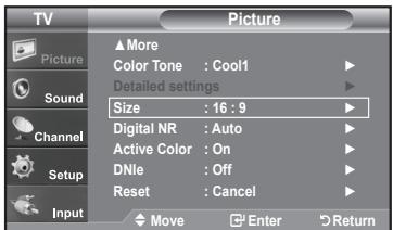 TV Picture ▲More Color Tone : Cool1 Detailed settings Size : 16 : 9 Digital NR : Auto Active Color : On DNle : Off Reset : Cancel Move Enter Return