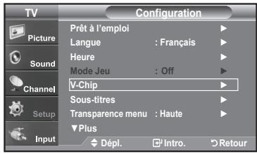 TV Configuration Picture Sound Channel Setup Input Prêt à l'emploi Langue : Français Heure Mode Jeu : Off V-Chip Sous-titres Transparence menu : Haute Plus Dépl. Intro. Retour