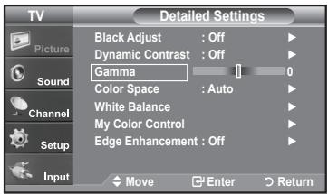 TV Picture Sound Channel Setup Input Detailed Settings Black Adjust : Off Dynamic Contrast : Off Gamma 1 0 Color Space : Auto White Balance My Color Control Edge Enhancement : Off Move Enter Return