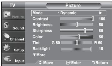 TV Picture Mode : Dynamic Contrast 100 Brightness 50 Sharpness 85 Color 55 Tint G 50 R 50 Backlight 10 More Move Enter Return Sound Channel Setup Input