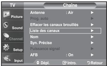 TV Picture Sound Channel Setup Input Chaine Antenne : Air Prog. auto Effacer les canaux brouillés Liste des canaux Nom Syn. Précise Puissance signal AFB : On Dépl. Intro. Retour