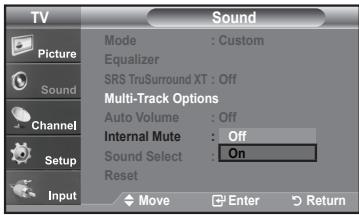 TV Sound Picture Mode : Custom Equalizer SRS TruSurround XT : Off Multi-Track Options Auto Volume : Off Internal Mute : Off Sound Select : On Reset Input Move Enter Return