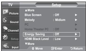 TV Picture Sound Channel Setup Input Setup ▲More Blue Screen : Off Melody : Medium PC Home Theater PC : Off Energy Saving : Off HDMI Black Level : Low ▼More Move Enter Return