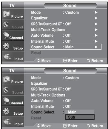 TV Sound Picture Mode : Custom ▶ Equalizer ▶ SRS TruSurround XT : Off ▶ Multi-Track Options ▶ Auto Volume : Off ▶ Internal Mute : Off ▶ Sound Select : Main ▶ Reset Input Move Enter Return TV Sound Picture Mode : Custom Equalizer SRS TruSurround XT : Off Multi-Track Options Auto Volume : Off Internal Mute : Off Sound Select : Main Reset Sub Move Enter Return