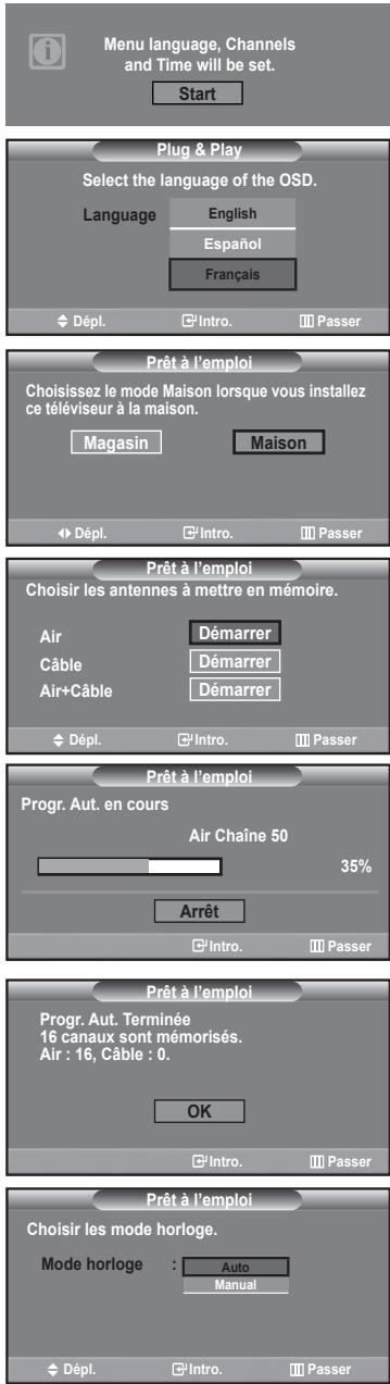 Menu language, Channels and Time will be set. Start Plug & Play Select the language of the OSD. Language English Espanol Français Dépl. Intro. Passer Prêt à l'emploi Choisissez le mode Maison lorsque vous installez ce téléviseur à la maison. Magasin Maison Dépl. Intro. Passer Prêt à l'emploi Choisir les antennes à mettre en mémoire. Air Démarrer Câble Démarrer Air+Câble Démarrer Dépl. Intro. Passer Prêt à l'emploi Progr. Aut. en cours Air Chaîne 50 35% Arrêt Prêt à l'emploi Progr. Aut. Terminée 16 canaux sont mémorisés. Air : 16, Câble : 0. OK Prêt à l'emploi Choisir les mode horloge. Mode horloge : Auto Manual Dépl. Intro. Passer