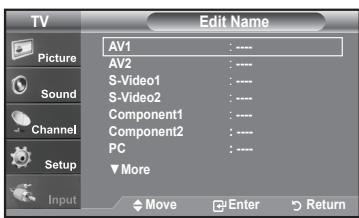 TV Picture Sound Channel Setup Input Edit Name AV1 : **** AV2 : **** S-Video1 : **** S-Video2 : **** Component1 : **** Component2 : **** PC : **** ▼More Move Enter Return