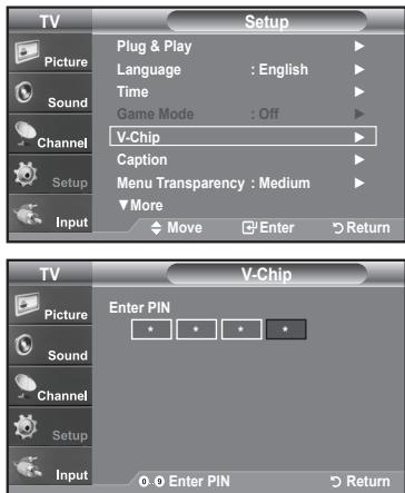 TV Setup Plug & Play Language : English Time Game Mode : Off Channel V-Chip Caption Menu Transparency : Medium More Move Enter Return TV V-Chip Picture Enter PIN Sound * * * * Channel 0-0 Enter PIN Return