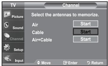 TV Channel Select the antennas to memorize. Air Start Cable Start Air+Cable Start Sound Channel Setup Input Move Enter Return