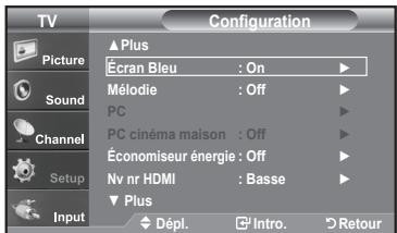 TV Picture Sound Channel Setup Input Configuration ► Plus Écran Bleu : On ► Mélodie : Off ► PC ► PC cinéma maison : Off ► Économiseur énergie : Off ► Nv nr HDMI : Basse ► ► Plus Dépl. Intro. Retour