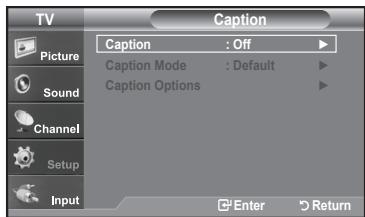 TV Caption Picture Sound Channel Setup Input Caption : Off Caption Mode : Default Caption Options Enter Return