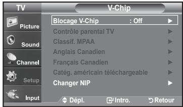 TV Picture Sound Channel Setup Input Blocage V-Chip : Off Contrôle parental TV Classif. MPAA Anglais Canadien Français Canadien Catég. américain téléchargeable Changer NIP Dépl. Intro. Retour