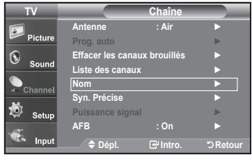 TV Picture Sound Channel Setup Input Chaine Antenne : Air Prog. auto Effacer les canaux brouillés Liste des canaux Nom Syn. Précise Puissance signal AFB : On Dépl. Intro Retour