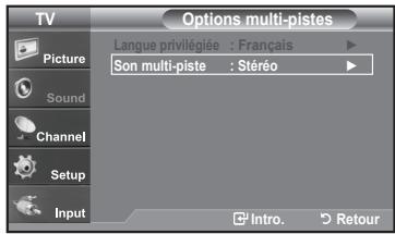 TV Options multi-pistes Picture Sound Channel Setup Input Langue privilégiée : Français Son multi-piste : Stéréo Intro. Retour