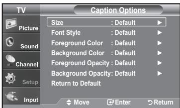 TV Picture Sound Channel Setup Input Caption Options Size : Default ▶ Font Style : Default ▶ Foreground Color : Default ▶ Background Color : Default ▶ Foreground Opacity : Default ▶ Background Opacity: Default ▶ Return to Default Move Enter Return