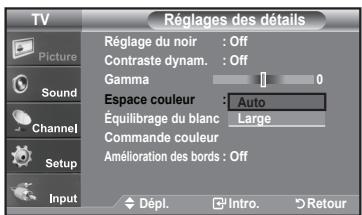 TV Picture Sound Channel Setup Input Réglages des détails Réglage du noir : Off Contraste dynam. : Off Gamma 1 0 Espace couleur : Auto Équilibrage du blanc Large Commande couleur Amélioration des bords : Off Dépl. Intro. Retour