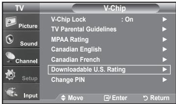 TV Picture Sound Channel Setup Input V-Chip Lock : On TV Parental Guidelines MPAA Rating Canadian English Canadian French Downloadable U.S. Rating Change PIN Move Enter Return