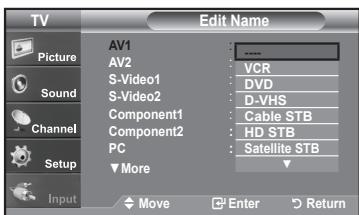 TV Picture Sound Channel Setup Input AV1 AV2 S-Video1 S-Video2 Component1 Component2 PC More Edit Name VCR DVD D-VHS Cable STB HD STB Satellite STB Move Enter Return