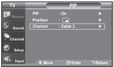 TV PIP PIP : On Position : Channel : Cable 3 Sound Channel Setup Input Move Enter Return