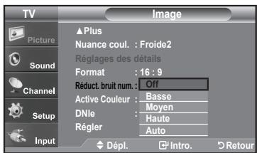 TV Picture Sound Channel Setup Input ▲Plus Nuance coul. : Froide2 Réglages des détails Format : 16 : 9 Réduct. bruit num. : Off Active Couleur : Basse DNle : Moyen Régler : Haute Auto Dépl. Intro. Retour