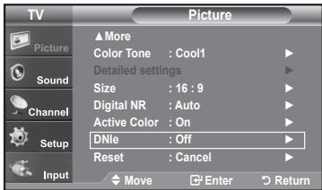 TV Picture ▲More Color Tone : Cool1 Detailed settings Size : 16 : 9 Digital NR : Auto Active Color : On DNie : Off Reset : Cancel Move Enter Return