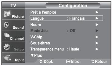 TV Picture Sound Channel Setup Input Configuration Prêt à l'emploi Langue : Français Heure Mode Jeu : Off V-Chip Sous-titres Transparence menu : Haute Plus Dépl. Intro. Retour