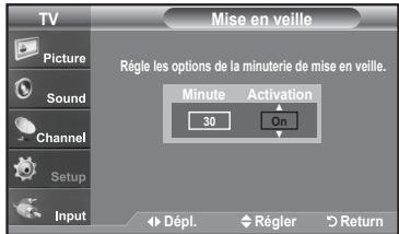 TV Picture Sound Channel Setup Input Mise en veille Règle les options de la minuterie de mise en veille. Minute Activation 30 On Dépl. Régler Return
