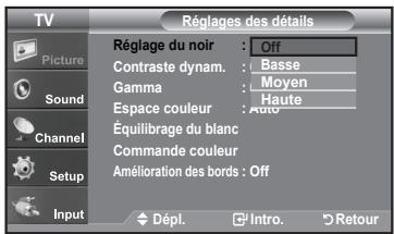 TV Réglages des détails Picture Sound Channel Setup Input Réglage du noir : Off Contraste dynam. : Basse Gamma : Moyen Espace couleur : Haute Équilibrage du blanc Commande couleur Amélioration des bords : Off Dépl. Intro. Retour