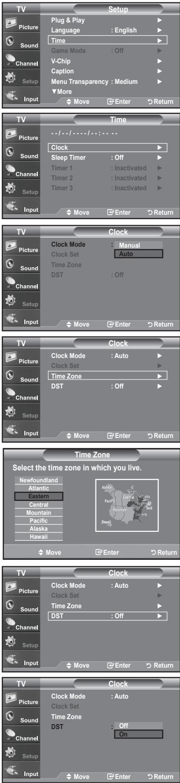TV Setup Picture Plug & Play Language : English ▶ Sound Time Game Mode : Off ▶ Channel Caption Menu Transparency : Medium ▶ Setup More ▶ Input Move Enter Return TV Time Picture Clock Sleep Timer : Off ▶ Channel Timer 1 : Inactivated ▶ Channel Timer 2 : Inactivated ▶ Setup Timer 3 : Inactivated ▶ Input Move Enter Return TV Clock Picture Clock Mode : Manual Clock Set Auto Time Zone DST : Off Sound Channel Input Move Enter Return TV Clock Picture Clock Mode : Auto ▶ Clock Set Time Zone DST : Off ▶ Channel Channel Setup Alaska Hawaii Input Move Enter Return Time Zone Select the time zone in which you live. Newfoundland Atlantic Eastern Central Mountain Pacific Alaska Hawaii Move Enter Return TV Clock Picture Clock Mode : Auto ▶ Clock Set Time Zone DST : Off ▶ Sound Channel Channel Setup Input Move Enter Return TV Clock Picture Clock Mode : Auto ▶ Clock Set Time Zone DST : Off On Input Move Enter Return