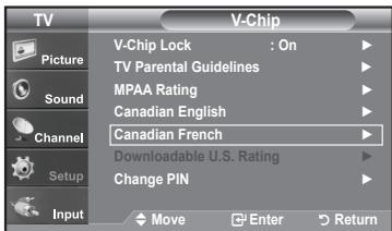 TV V-Chip Picture Sound Channel Setup Input V-Chip Lock : On TV Parental Guidelines MPAA Rating Canadian English Canadian French Downloadable U.S. Rating Change PIN Move Enter Return