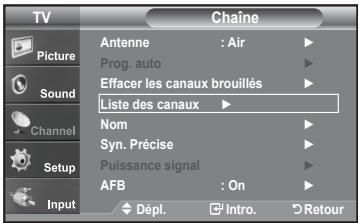 TV Picture Sound Channel Setup Input Chaine Antenne : Air Prog. auto Effacer les canaux brouillés Liste des canaux Nom Syn. Précise Puissance signal AFB : On Dépl. Intro. Retour