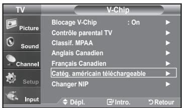TV V-Chip Picture Blocage V-Chip : On Contrôle parental TV Classif. MPAA Anglais Canadien Français Canadien Catég. américain téléchargeable Changer NIP Input Dépl. Intro. Retour