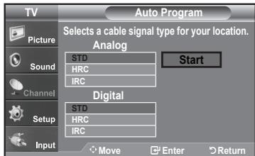 TV Auto Program Selects a cable signal type for your location. Analog Start Sound HRC IRC Channel Digital Setup HRC IRC Input Move Enter Return