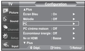 TV Picture Sound Channel Setup Input Configuration ▲ Plus Écran Bleu : On Mélodie : Off PC PC cinéma maison : Off Économiseur énergie : Off Nv nr HDMI : Basse ▼ Plus Dépl. Intro. Retour
